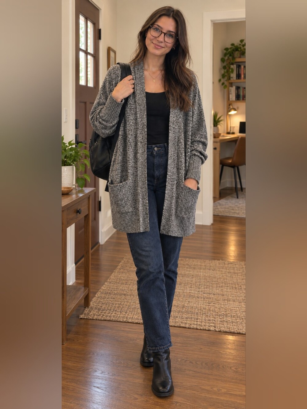 New York & Company Heather Gray Open-Front Pocket Cardigan